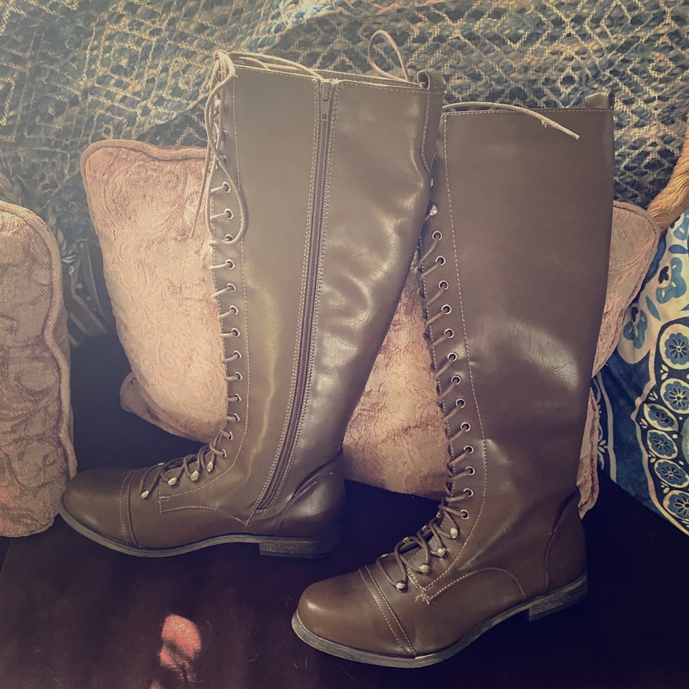 Never worn Knee high brown xoxo lace up boots